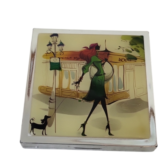 Vintage Lady Walking Dog Folding Compact Pocket Makeup Mirror Double Sided - Picture 1 of 3